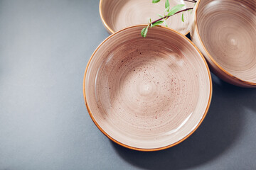 Close up of glazed ceramic soup bowls with specks on grey background. Set of empty dishware with spring foliage