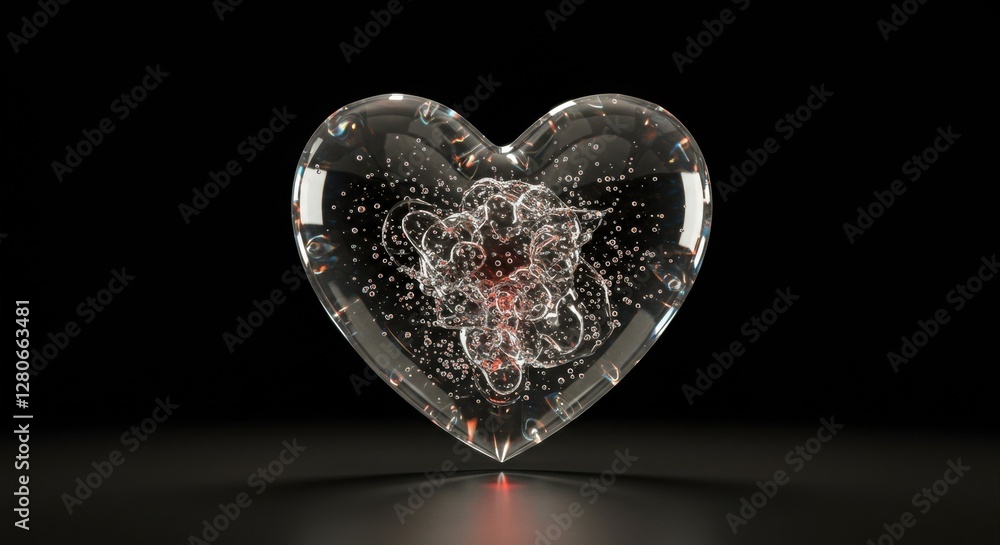 Poster a heart-shaped. transparent object filled with liquid and bubbles.
