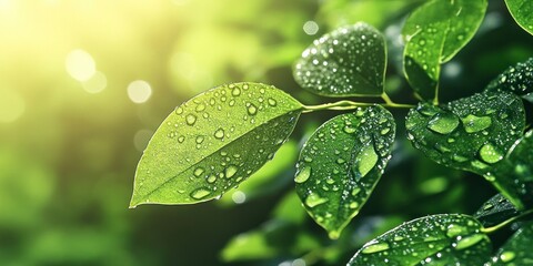 Serene dew kissed green leaves in sunlight for nature design