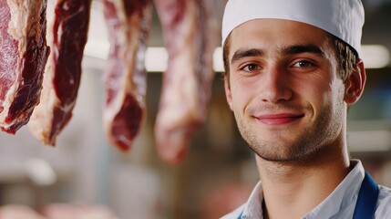 Smiling meat factory worker wearing a white cap and blue apron, standing in front of hanging meat cuts..