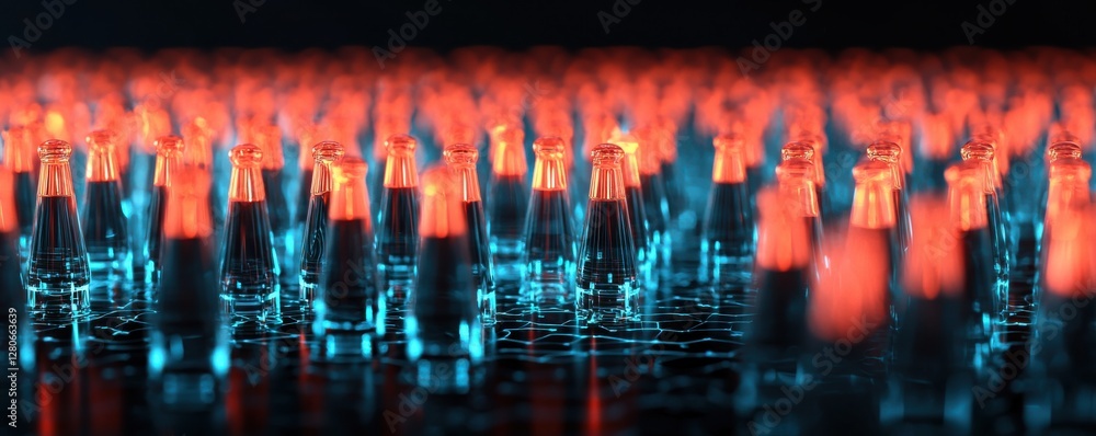Poster a vibrant array of illuminated bottles, glowing in red and blue hues, creating a striking visual eff