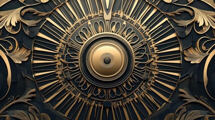 Abstract gold and black ornate circular design.