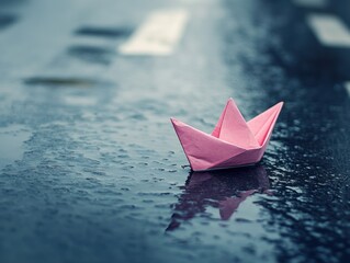 Whimsical pink paper boat on wet asphalt capturing imagination and creativity