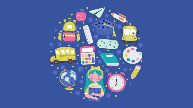 Back to School Illustration with Stationery Animated Background