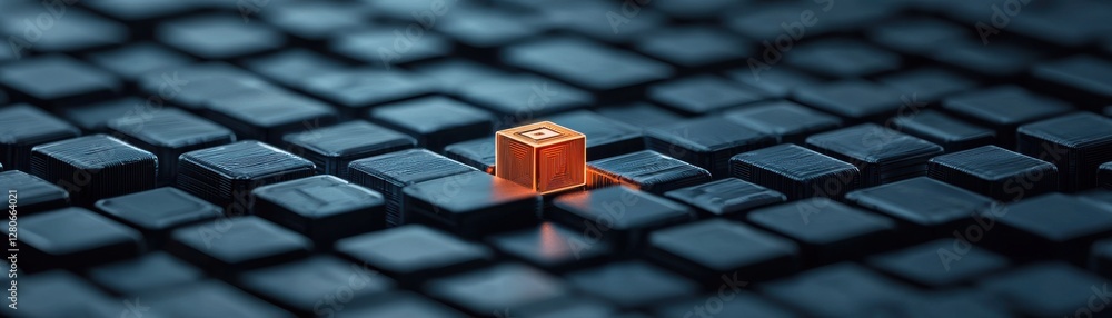 Aufkleber a close-up image featuring a distinct orange cube surrounded by a grid of dark, textured squares, hi