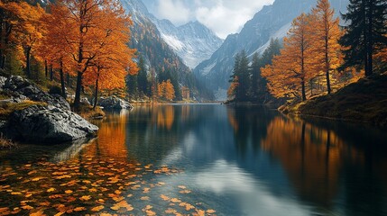 Obraz premium Autumn lake reflecting colorful trees and snowy mountains, creating a tranquil and breathtaking scenic view with fallen leaves.