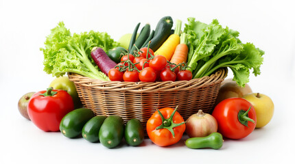 Close up of Fresh organic vegetables and fruits in wicker basket. Assorted fresh vegetables isolated on white background.