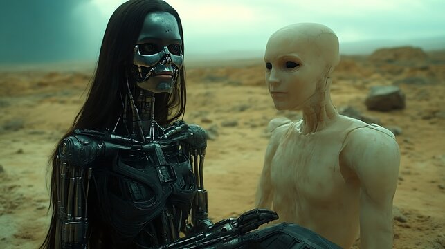 Desert encounter; futuristic android & alien; cloudy sky