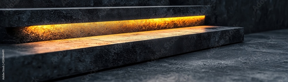 Poster a dimly lit staircase with a subtle orange glow on the risers, creating a modern and atmospheric aes