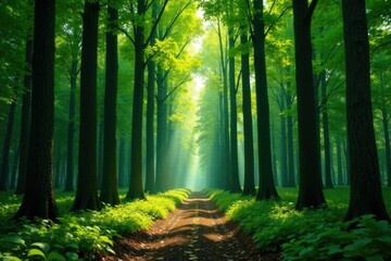 Obraz premium Towering straight trees form a canopy above a peaceful woodland floor, forest, straight trees, green