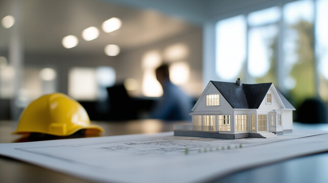 A bright and modern office space where a miniature country house model rests on a detailed house floor plan, with a yellow construction helmet nearby, indicating an active building