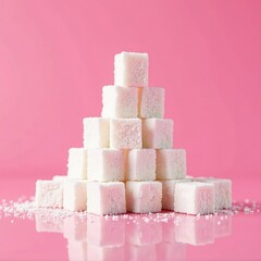 Tower of sugar cubes stacked on pink surface with reflections, sugar, reflected, pink