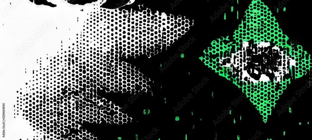 Poster abstract ink splashing over pixelated pattern with vibrant green accents