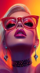 Elegant woman with red glasses, glamorous makeup, choker, and earrings posing in a striking, colorful setting. © Jasper