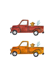 Hand-Painted Retro Pickup Truck with Puppy Watercolor Illustration