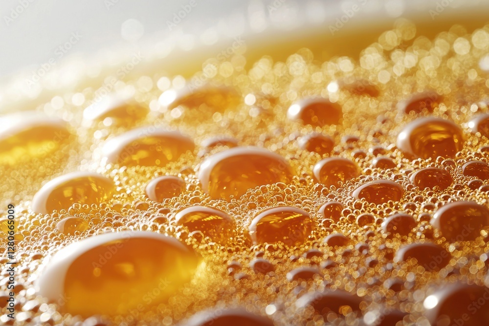 Poster an abstract close-up of golden liquid with foam and bubbles, creating a dynamic and refreshing textu