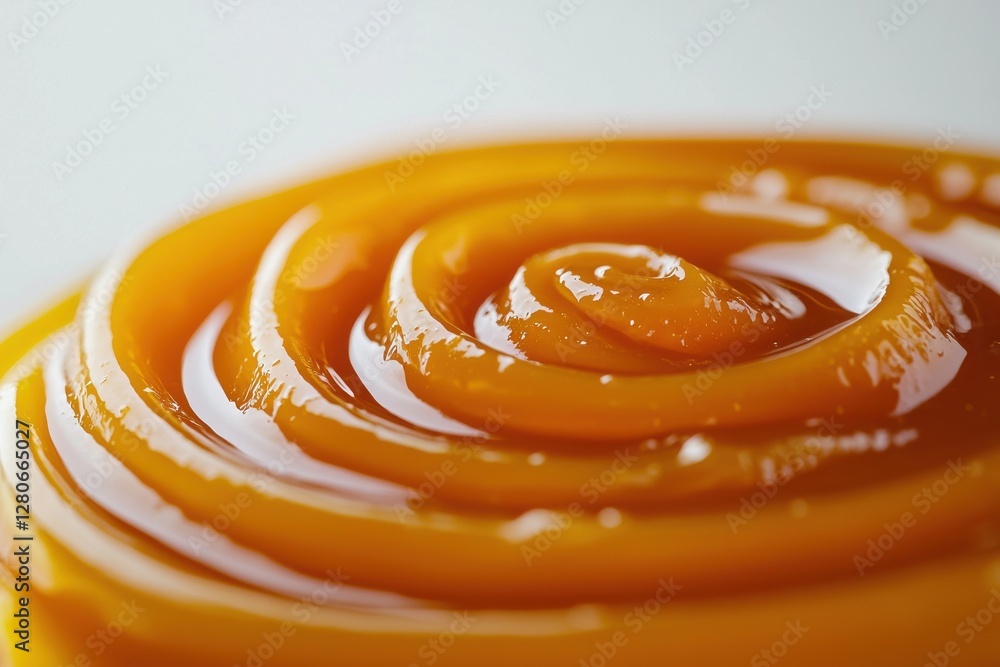 Poster a macro shot of smooth, orange-colored jam or sauce arranged in a spiral pattern, creating a visuall