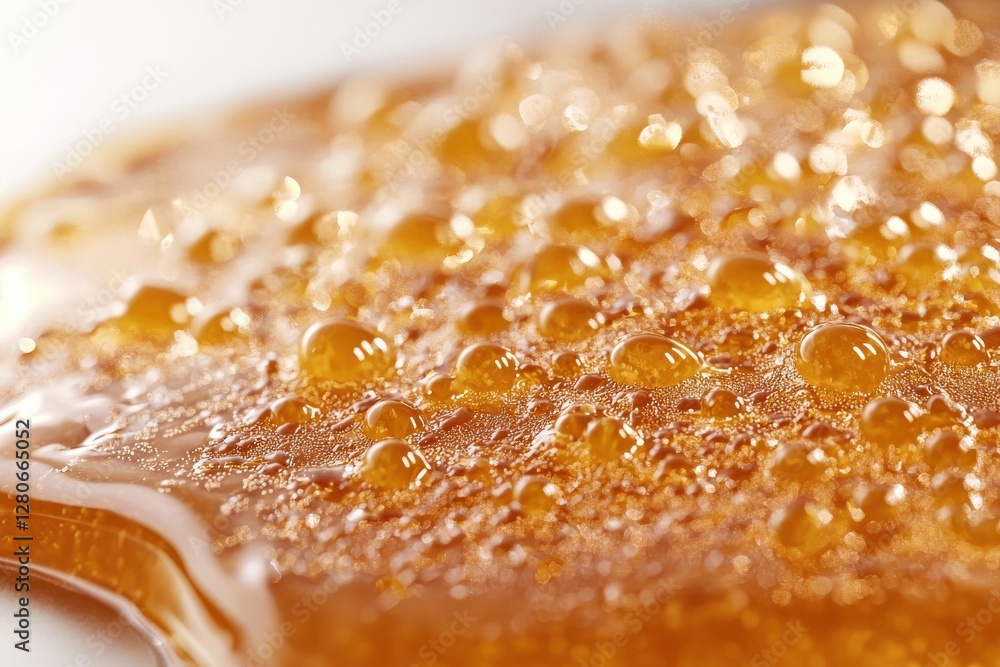 Poster a macro shot of golden-brown liquid with small bubbles, creating an abstract and textured surface wi