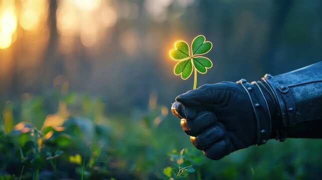 A knight in armor holds a vibrant four-leaf clover, symbolizing luck and nature, set against a beautiful sunset backdrop.