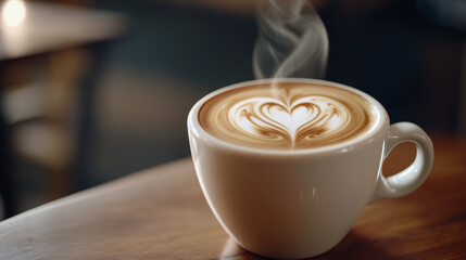 Beautiful latte with heart foam art served in a cozy cafe setting