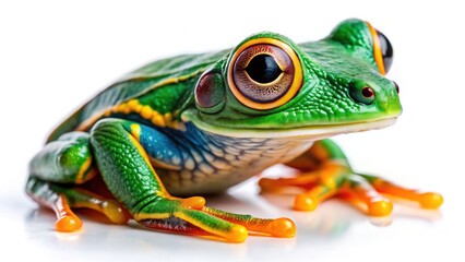 Naklejka premium Close-up detail reveals a barred leaf frog's intricate texture, isolated on white.