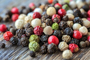 Obraz premium Assorted peppercorns in a colorful mix, creating a vibrant and textured display on rustic wood, showcasing the diversity of culinary spices and their earthy origins.