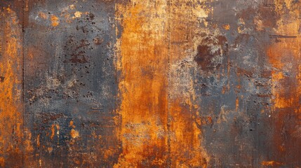 An abstract composition featuring textured rust and weathered metal in vibrant orange and deep blue tones.