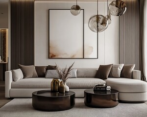 Mockup poster frame on the wall of living room. Luxurious apartment background with contemporary design. Modern interior design.