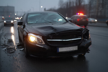 Black car involved in road accident with broken headlight and windshield