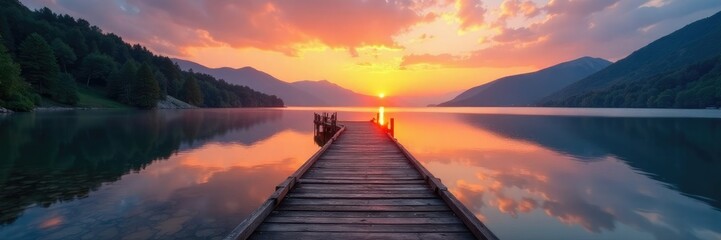Obraz premium Wooden bridge stretching across lake at sunrise, natural, lake, serene