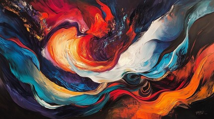 Abstract Swirling Vibrant Hues Dynamic Energy Painting Modern Art Canvas Texture Rich Colors Bold Strokes Fluid Design Artistic Expression Powerful Image Creative Artwork Original Piece Unique Style  