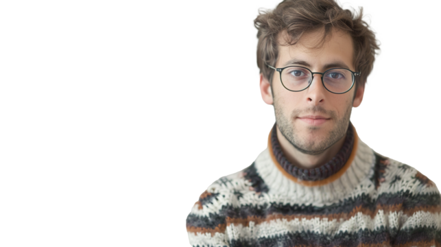 A Man with Glasses and a Sweater Posed on Transparent Background, PNG