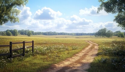Obraz premium A path leading through the fields, a fence along it, and in front of it there is green grass on one side of the meadow and brown soil with plants on the other side.