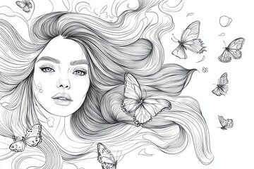 whimsical line art portrait of young woman with flowing hair adorned with butterflies and flowers, delicate continuous line technique