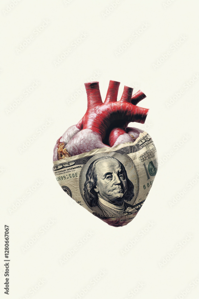 Poster exploring the intricate relationship between money and emotion through a powerful visual metaphor of