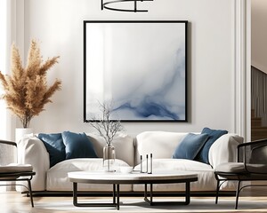Mockup poster frame on the wall of living room. Luxurious apartment background with contemporary design. Modern interior design.