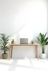 Modern minimal white living room and office interior with furniture plants and decor