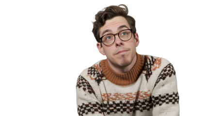 A Man with Glasses and a Sweater Posed on Transparent Background, PNG