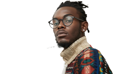 A Man with Glasses and a Sweater Posed on Transparent Background, PNG