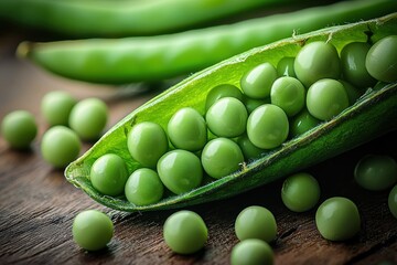 A vibrant close-up of fresh green peas in a pod, scattered on rustic wooden surface, emphasizing natural food and nutritional value, organic eating concept.