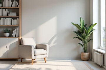 Fototapeta premium Cozy Minimalist Reading Corner with Natural Light Against White Walls