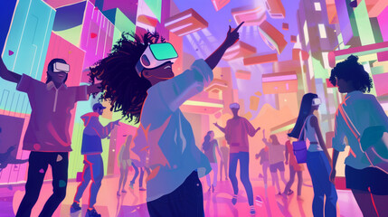 A scene of diverse friends interacting over a multiplayer game in the metaverse, with playful avatars dancing and socializing in a vibrant digital city.