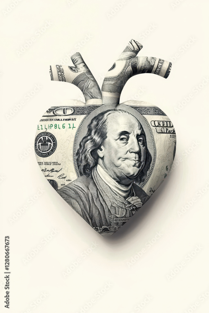 Poster exploring the intersection of love and wealth: a creative representation of currency in the shape of