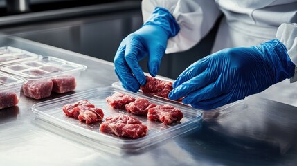 Close-up of a worker in blue gloves packaging fresh meat into plastic trays on a stainless steel counter..