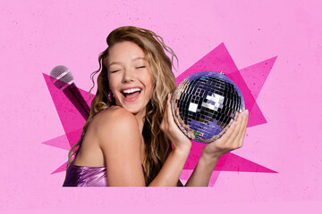 Exclusive sketch collage of happy pretty girl hold shiny disco ball occasion microphone karaoke...