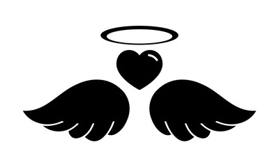 Saint wings vector silhouette. Wing angel emblem. Wing with heart and nimb decoration elements. Valentines day love concept. Vector illustration.
