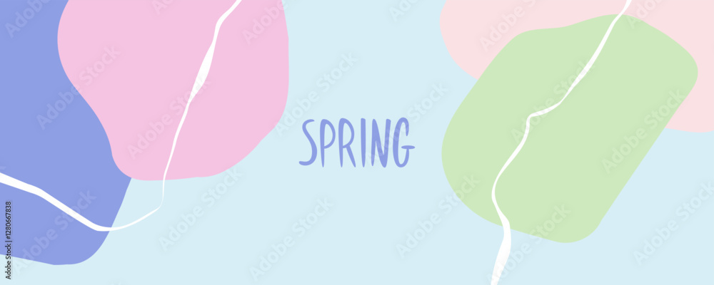 Poster Spring theme colors. Abstract background with various curved soft colored shapes and white bent lines for Springtime season creative graphic design. Vector illustration.