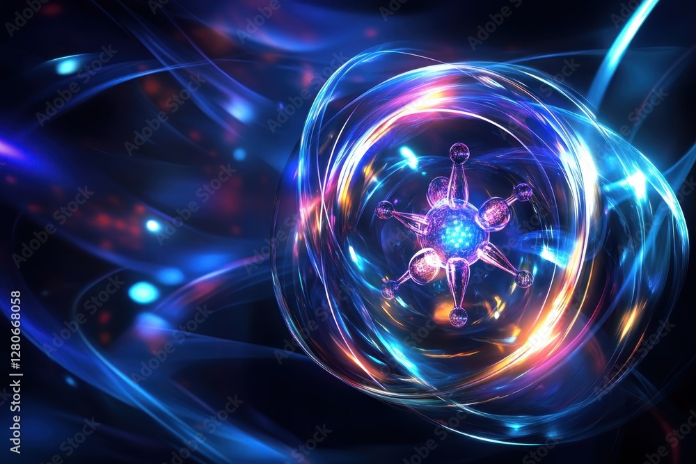 Poster vibrant and dynamic representation of atomic structure in a digital universe