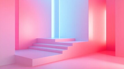 Fototapeta premium A vibrant, abstract scene featuring steps illuminated by soft pink and blue lights.