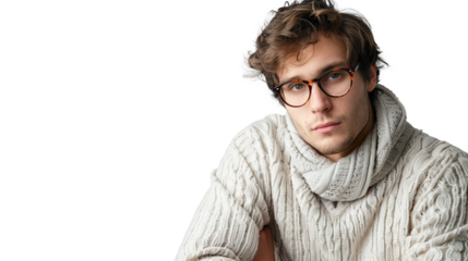 A Man with Glasses and a Sweater Posed on Transparent Background, PNG